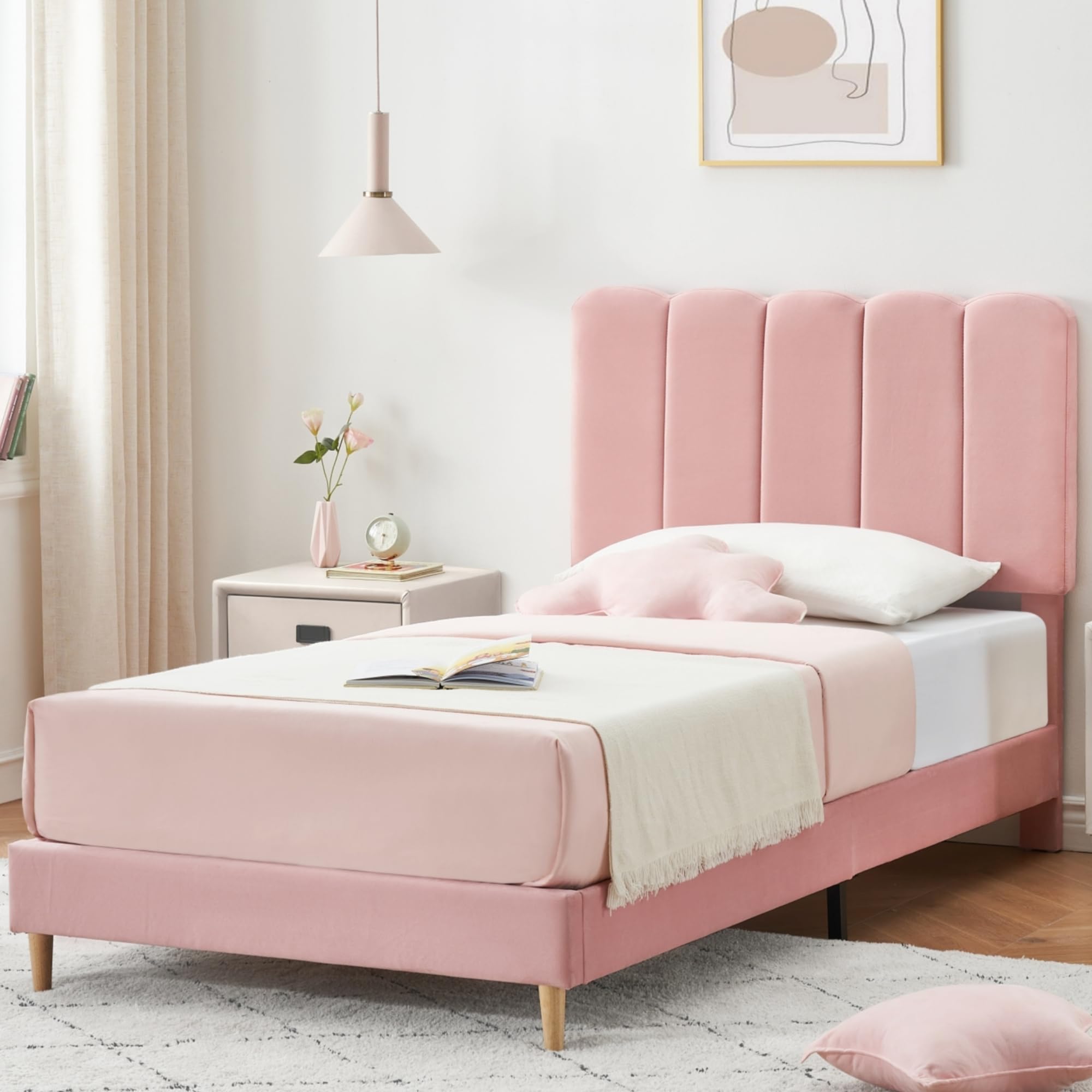 (similar)GAOMON Pink Twin Bed Frame, Velvet Upholstered Platform Bed Frame with Headboard, Strong Wooden Slats, Noise-Free,No Box Spring Needed, Easy Assembly (Pink)