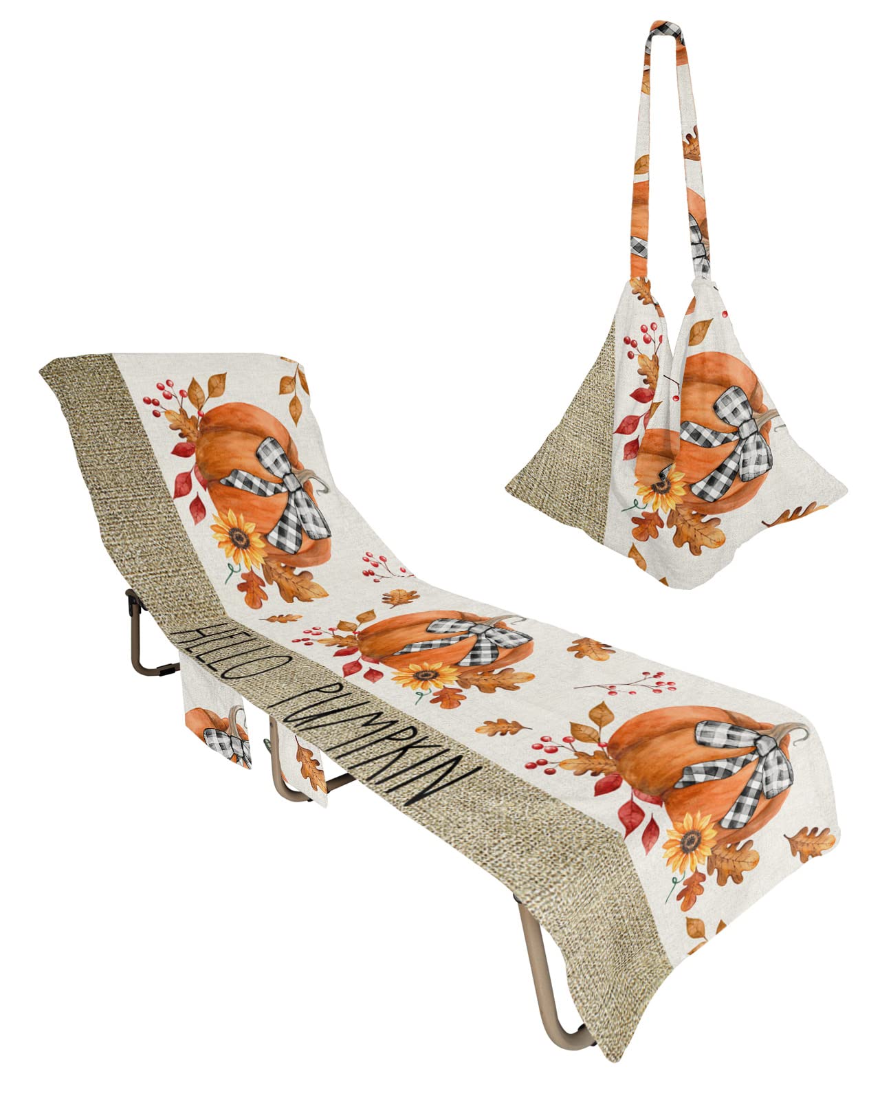 Hello Pumpkin Beach Pool Patio Lounge Chaise Chair Cover Towel With Pockets,Absorbent & Quick Dry Microfiber Towel Cover Bag Summer Travel Accessories for Sunbathing Thanksgiving Sunflower Leaf Rustic