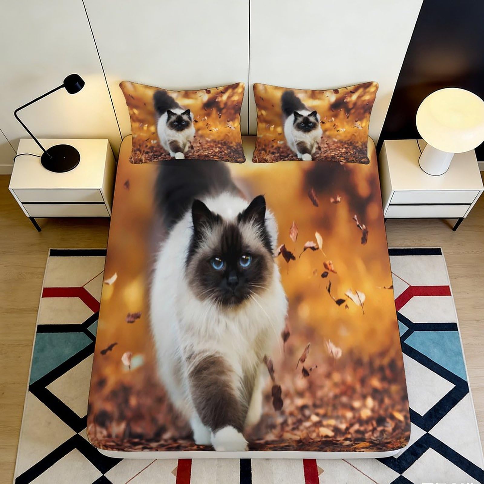 3D Printed Ragdoll Cat Fitted Sheet Microfiber Soft Breathable Autumn Leaves Bed Cover for Bedroom Dormitory Guest Room Mattress Protection Decor 160x200x25cm