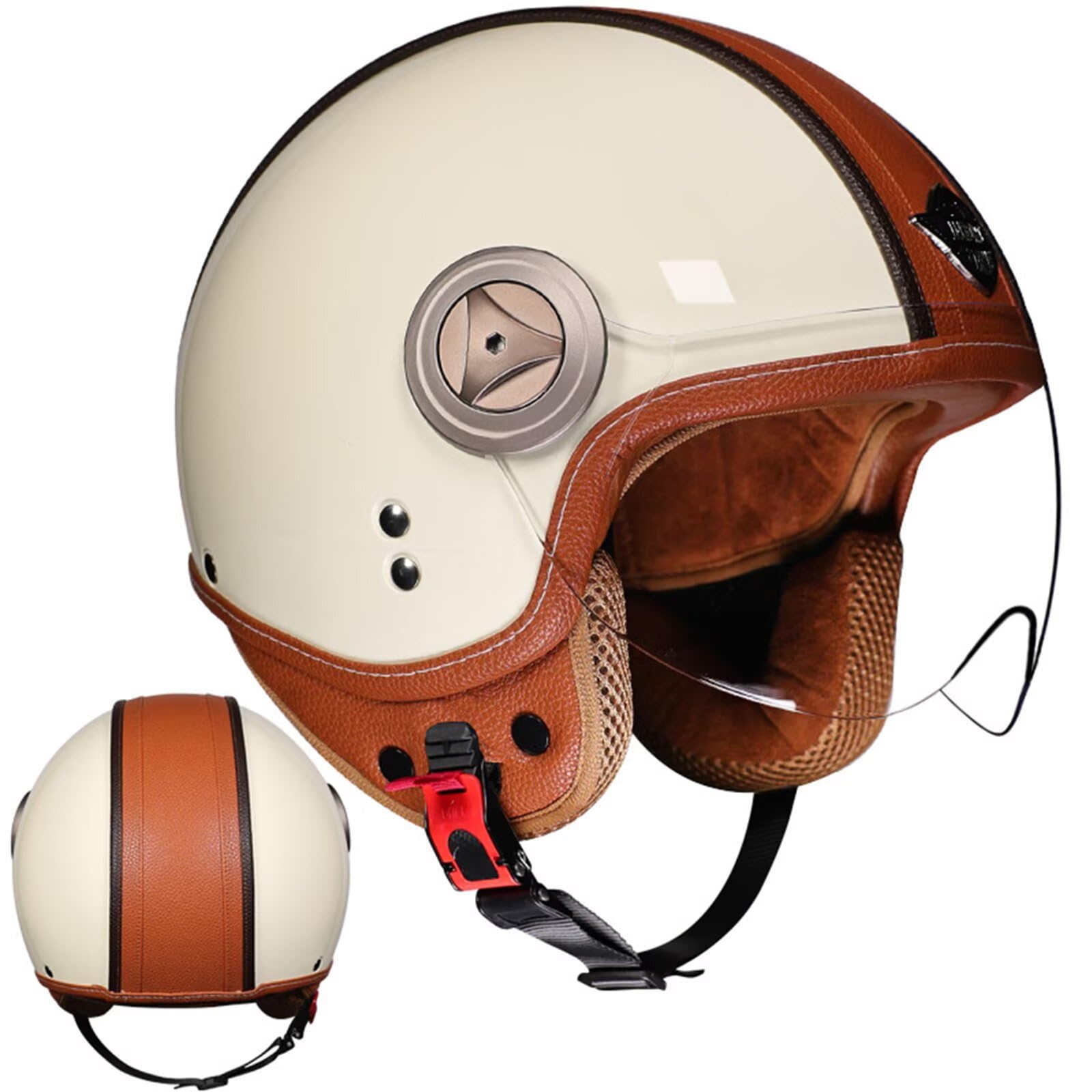 Casco Vintage per Scooter - Accessorio Moda Stile Anni 60, Casco Jet in Pelle con Visiera per Uomo e Donna, Omologato ECE