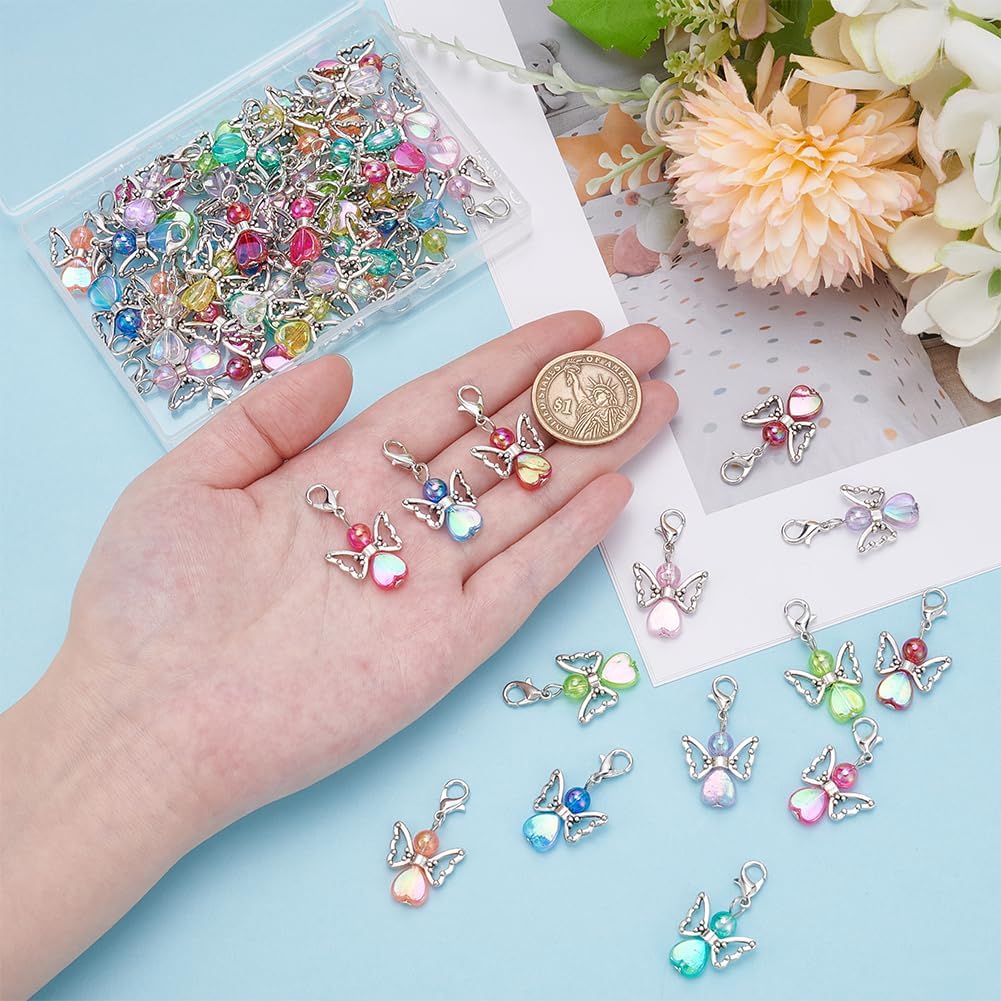 WADORN 60Pcs 10 Colors Angel Wing Charm, Colorful Acrylic Angel Beads Pendants Guardian Fairy Heart Beads Decoration Charms with Alloy Claw Clasps for DIY Bracelet Earring Jewelry Making Crafts - Image 3