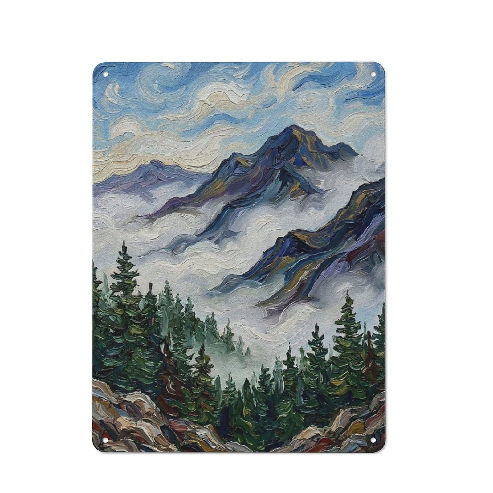Junmoney Style-20 Tin Wall Plaque 40X30cm With Misty Mountain Landscape Painting For Café Or Restaurant, Housewarming Present For People Styling Café And Restaurant