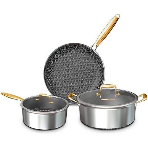 FogDream 3PCS Nonstick Cookware Set, 9.5" Fry Pan, 8 QT Soup Pot, 1.5 QT Sauce Pan with Tempered Glass Lids, Cool Handles, Dishwasher Safe, Induction Compatible for All Cooktops, Gold