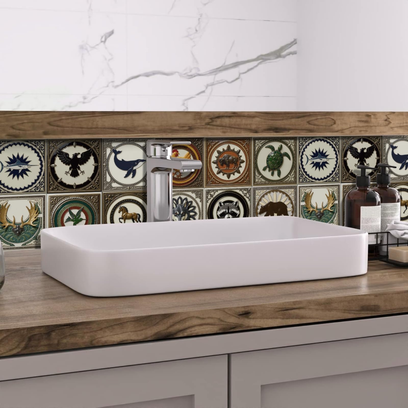 Azulejos Adhesivos Baño 15x15 cm Verde Marrón Animales Vinilo Pared Cocina Pelar Y Pegar Impermeable para Muebles Chimenea Gabinete Baldosas Adhesivas Pared Decorativos 24 Piezas