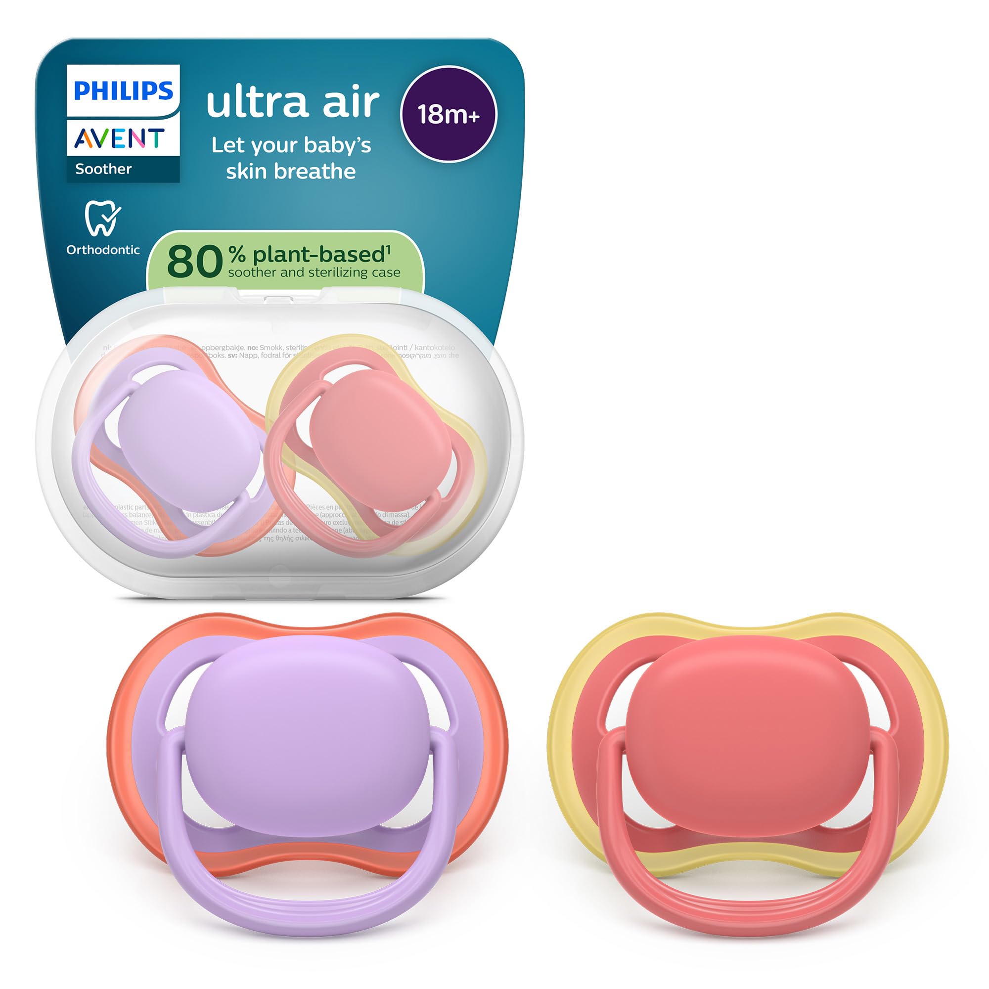 Philips Avent Ultra Air Soothers - Orthodontic Design, for Babies 18 Months+, Soft Silicone Symmetrical Teat, BPA-Free, with Sterilizing Case, 2 Pack, SCF349/46