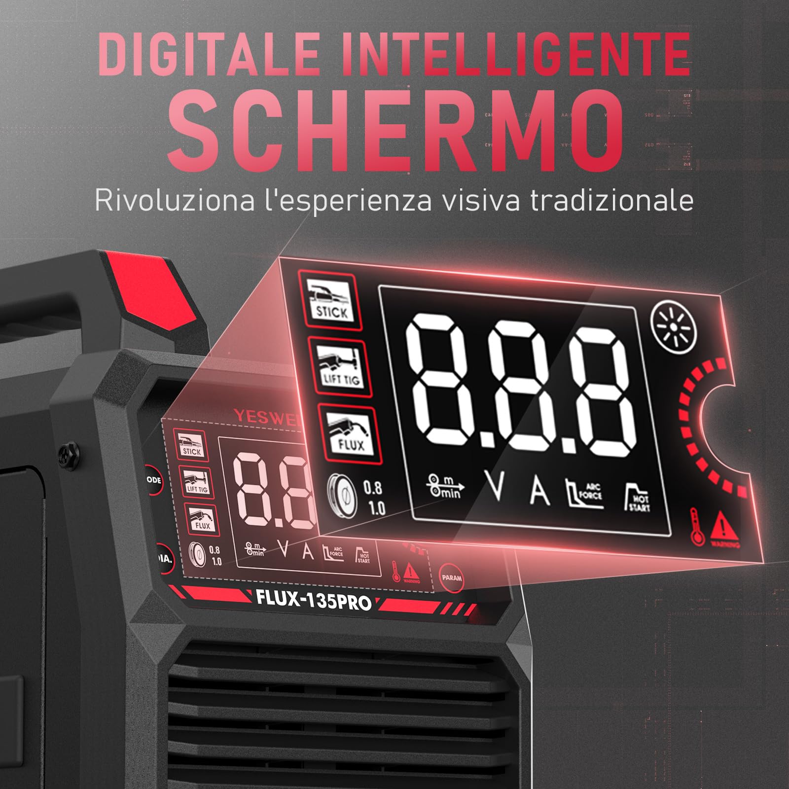 YESWELDER 135Amp Saldatrice MIG Senza Gas 230V 3-in-1 Saldatore LED con 2 Confezioni Filo