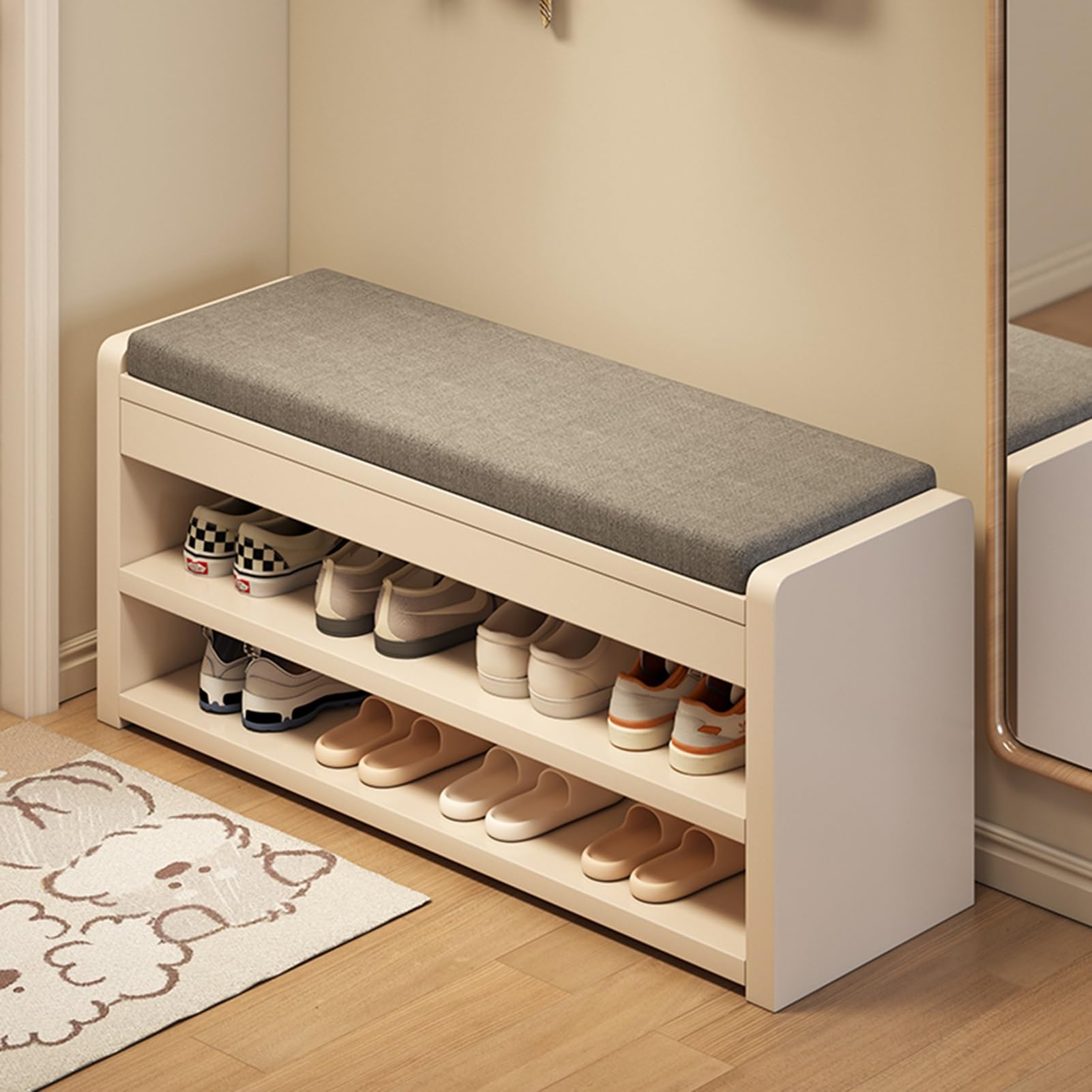MSHGSKU Fabric Upholstered Shoe Bench with Cushioned Seat, 2-Tier Shoe Rack Organizer for Entryway, Doorway, Bedroom - Wood Shoe Rack Bench for Home and Dorm Organization