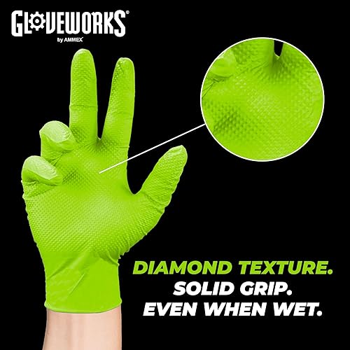 Miniatura 5 de GLOVEWORKS Guantes verdes de HD, guante mecánico de agarre de diamante elevado resistente desechable de nitrilo de 8 mil, opciones de compra a granel