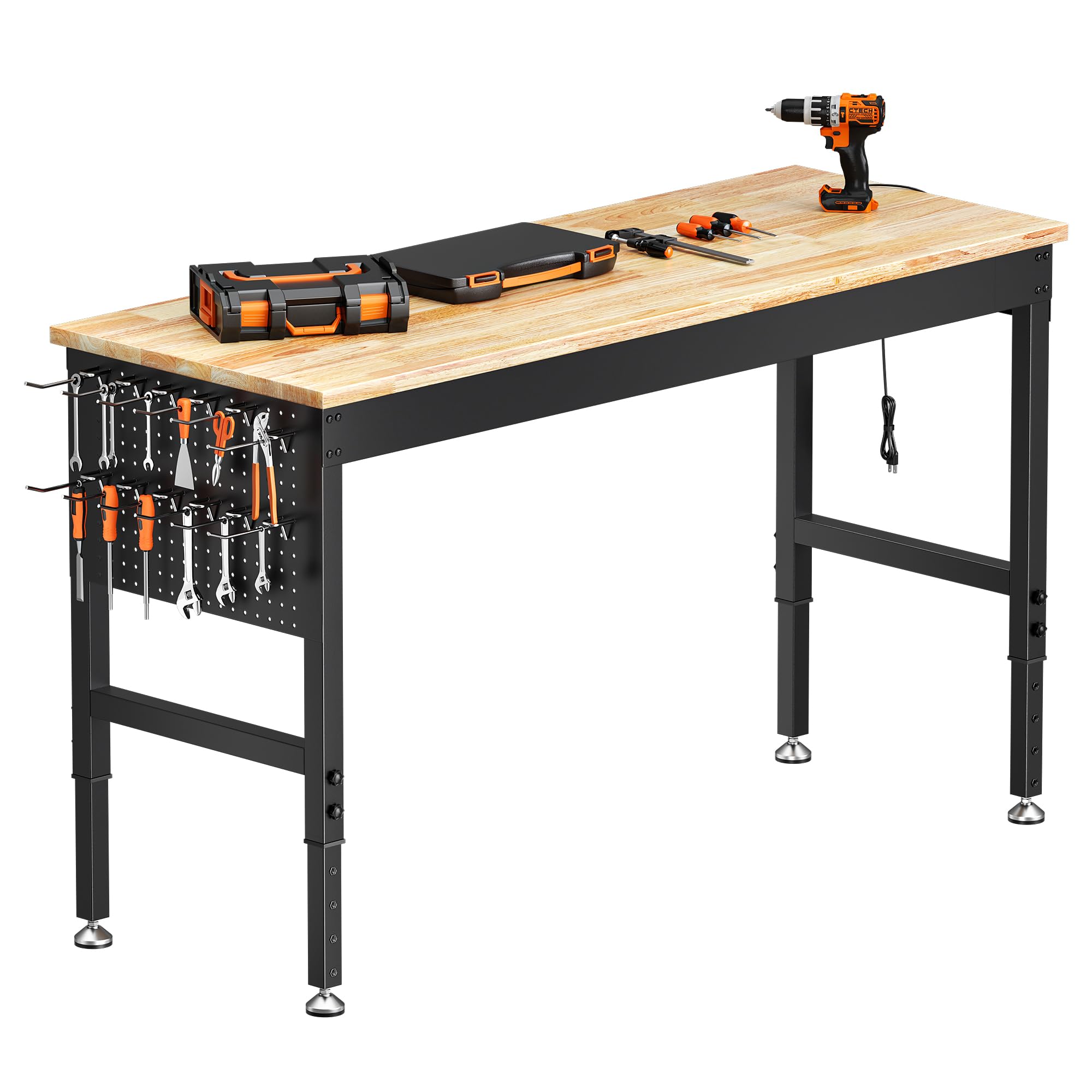 Établi Atelier Garage 152 x 55 cm, Table de Travail Robuste en Bois de Caoutchouc Massif, Capacité 907 kg, 6 Hauteurs(72-99 cm), Panneau Latéral Perforé avec Multiprise, pour Garage (152 x 55 cm)