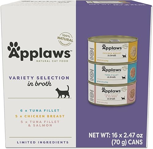 Miniatura 1 de Applaws Alimento húmedo para gatos, paquete de 16, alimento húmedo enlatado con ingredientes limitados, variedad de sabores en caldo, latas de 16 x