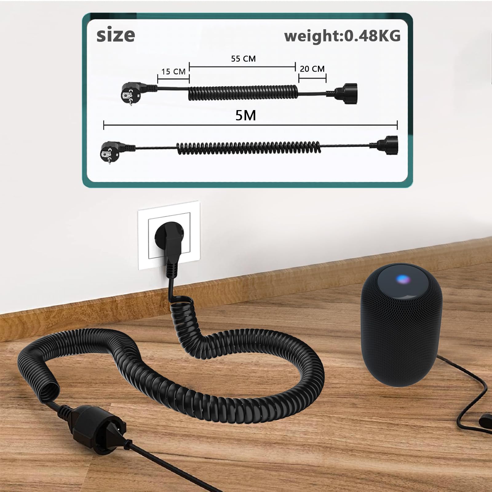 Rallonge Spiralée Schuko à Contact de Protection, Câble Extensible 0,9 m à 5 m Max, IP20 (230 V/16 A), 3 x 1,0 mm², Noir
