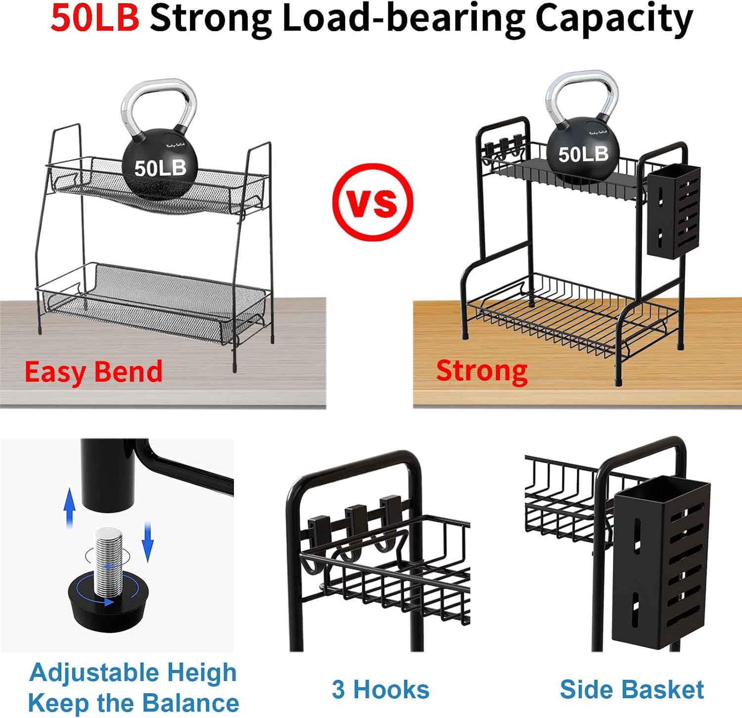 Bathroom Countertop Organizer With Toiletries Basket, 2 Tier Bathroom Counter Storage Rack with Adjustable Feetpad, No-Screw Caddy Stand for Vanity, Sturdy Metal Wire Black, Medium 12.8''L x 7.2''W