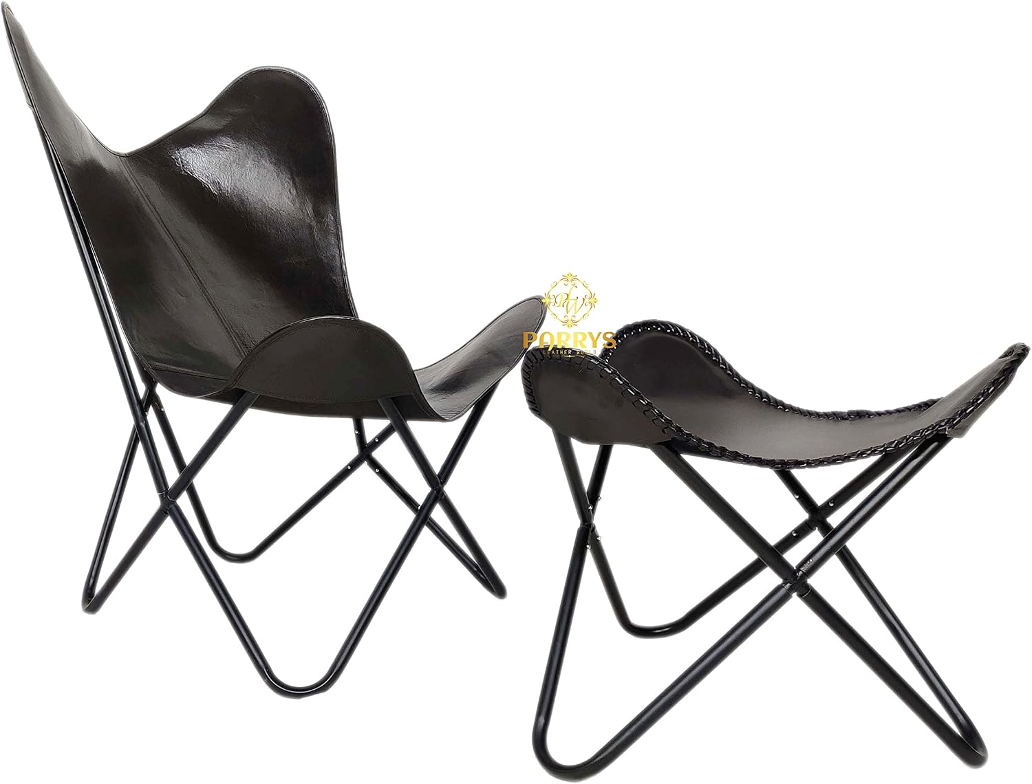 Handmade Black Leather Butterfly Chair with Ottoman Stool - Foldable Iron Leg Leather Chair Stool for Home and Office