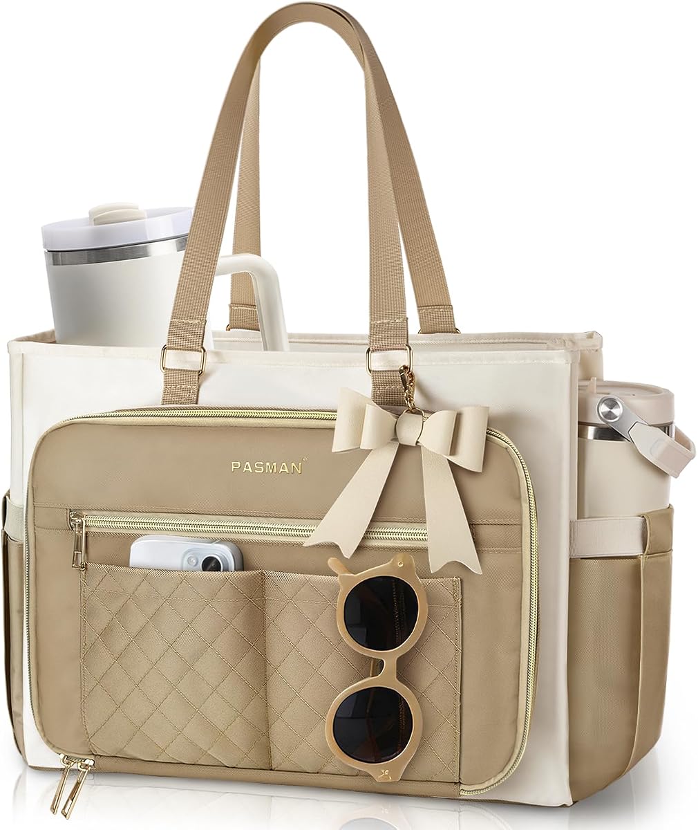 PASMAN Bolso de mano para profesora para mujer - Bolso estructurado para portátil, portavasos | El diseño de múltiples bolsillos se adapta a una pantalla de 15,6 pulgadas, se mantiene en posición vertical durante los desplazamientos diarios y es ideal para turnos de enfermería y días de trabajo en el aula.