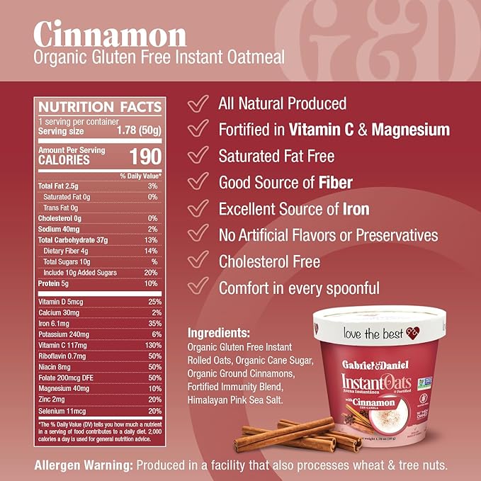 Avena Instantánea Gabriel & Daniel con Canela Orgánica, Sin Gluten, Pack 12 miniatura 2