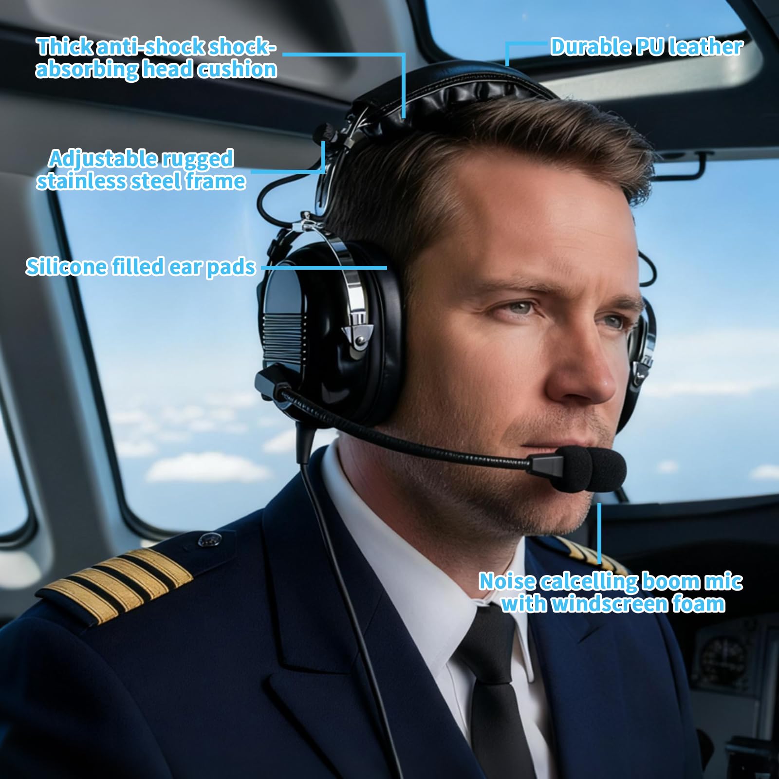 WODASEN General Aviation Headset GA Dual Plug Pilot Headsets mit Galgenmikrofon Flugzeug Noise Cancelling GA Stecker (Schwarz)