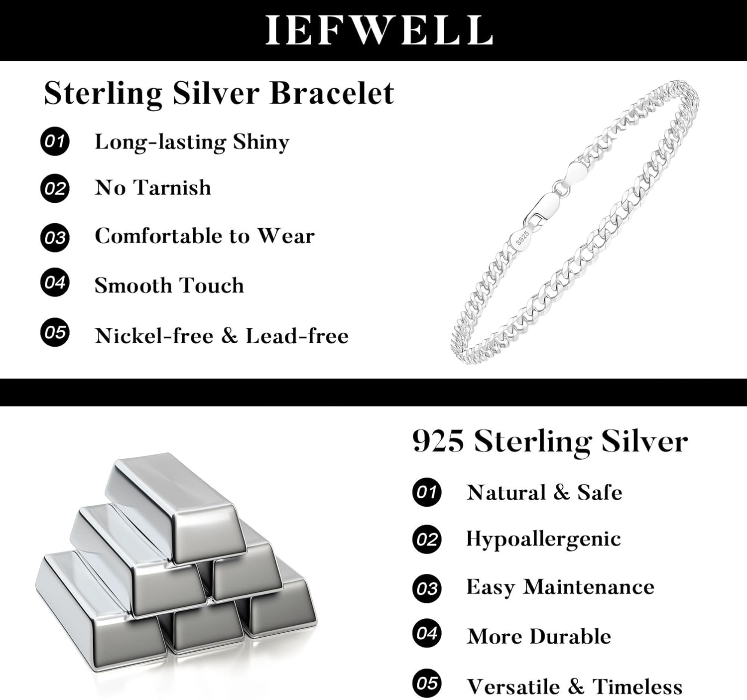 IEFWELL S925 Sterling Silver 14K Real Gold Plated Bracelet Hypoallergenic 4mm Diamond Cut Cuban Link 6.5 7 7.5 8 8.5 9 Inches for Men Women Jewelry Gifts