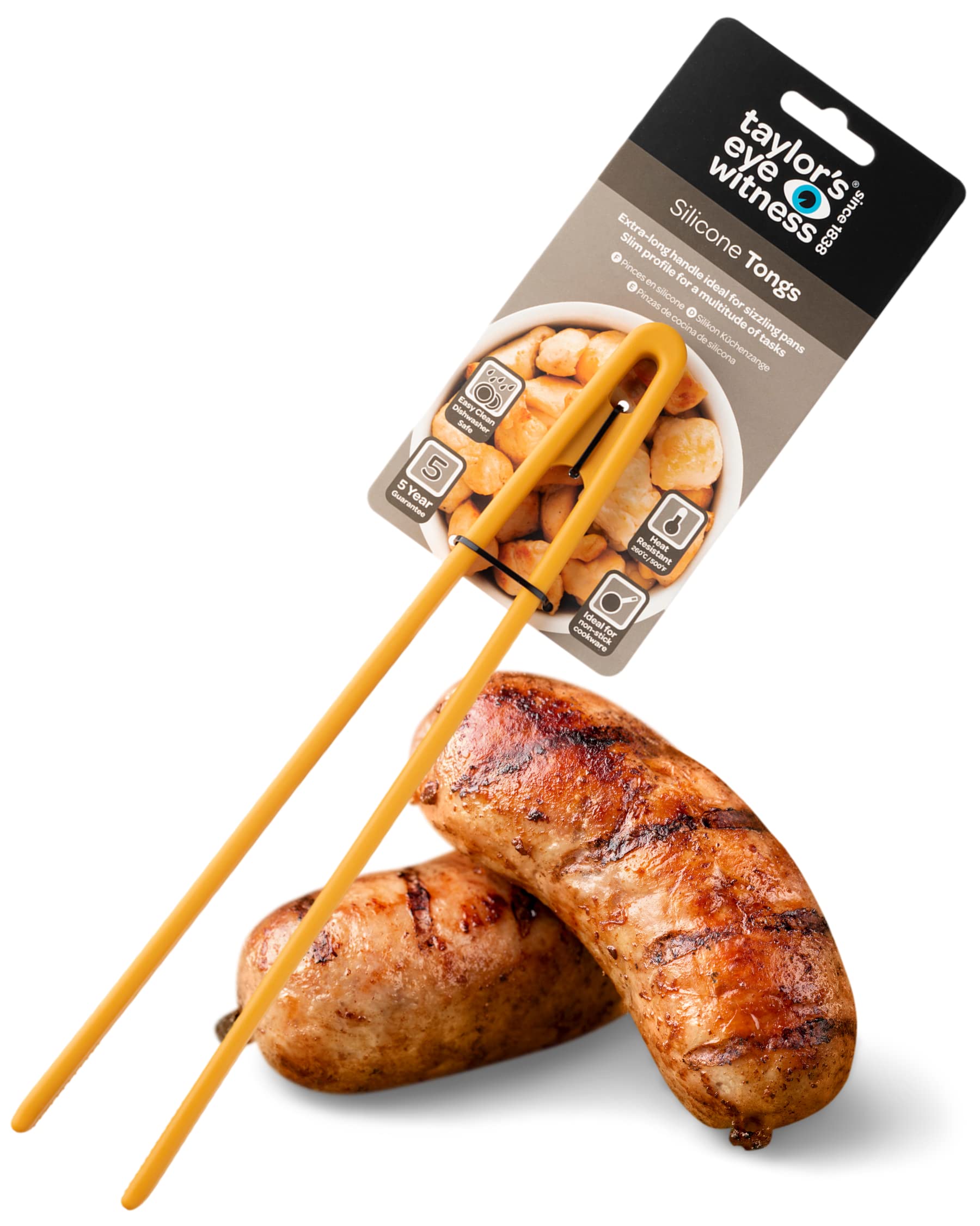 Taylors Eye Witness Large Yellow Silicone Gripping Tongs - Dishwasher Safe, Non-Scratch Grip Heads, Heat Resistant (260°C/500°F)