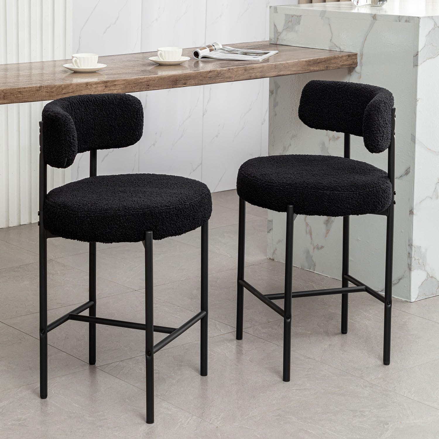 Canxkun Boucle Bar Stools Set of 2, 24" Modern Counter Stools with Backs, Black Upholstered Barstools for Kitchen Island, Bar, Cafe