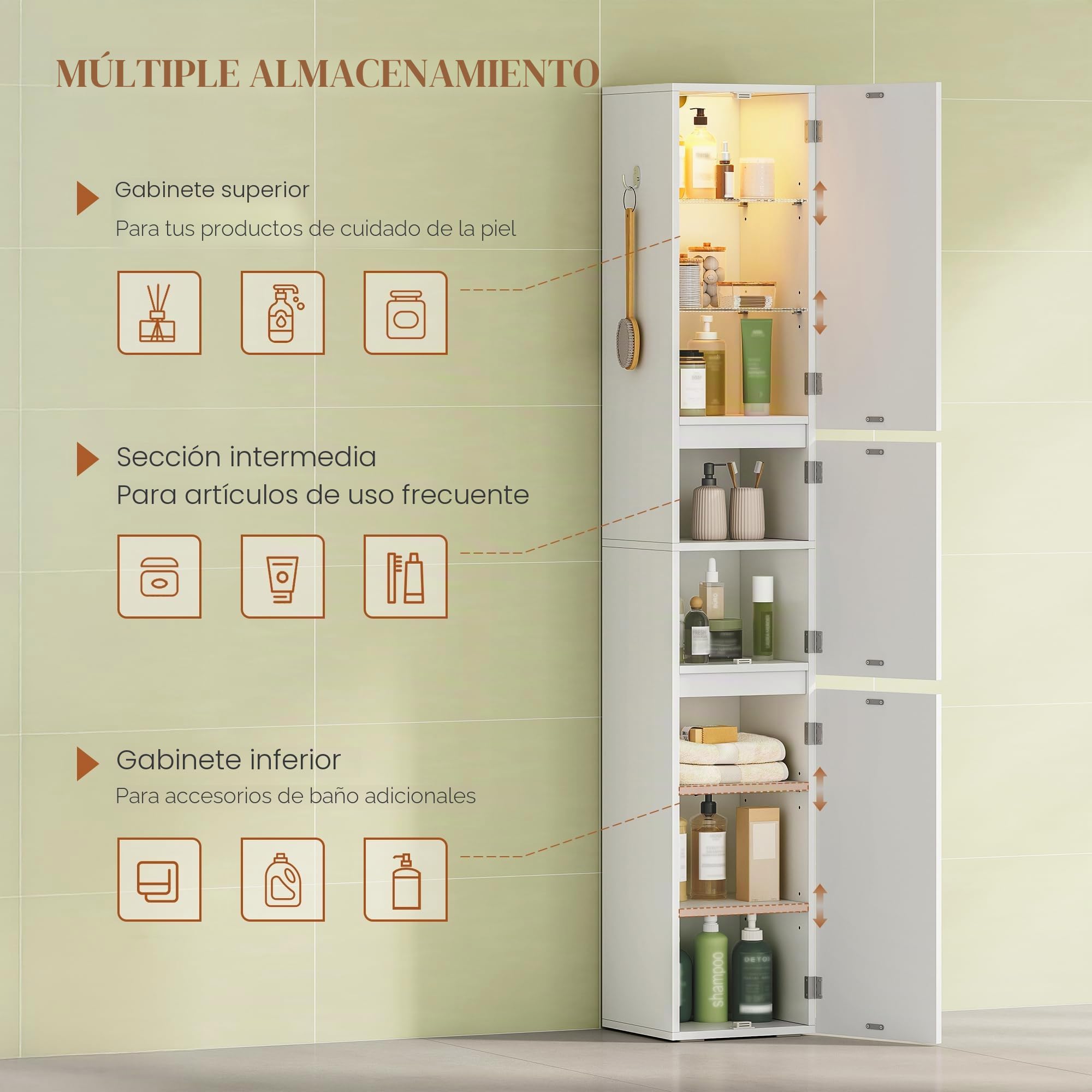 HEXCELEN Armario de Baño con Iluminación, Mueble de Almacenamiento, Mueble de Almacenamiento con Estantes de Cristal Ajustables, Tres Puertas Reversibles, Adecuado para Espacios Pequeños, Blanco