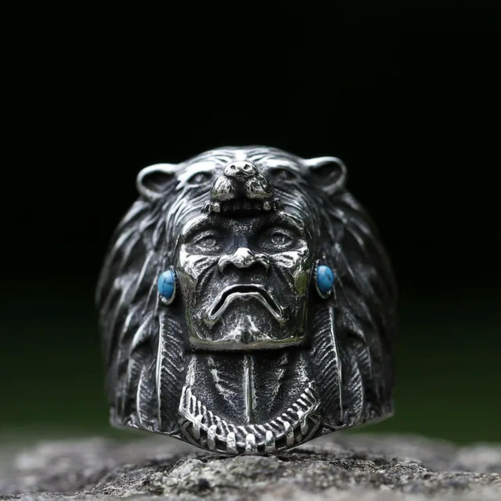 New Men's Rings Indian Warrior Biker With Wolf Animal Ring Religion Jewelry Vintage