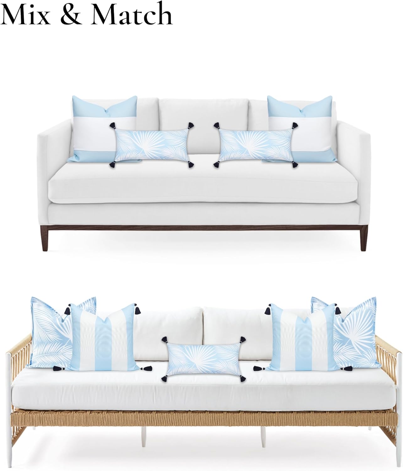 Hofdeco Premium Coastal Patio Indoor Outdoor Long Lumbar Pillow Cover Only, 12"x26" Water Repellent for Backyard, Couch, Baby Blue Palm Leaf with Tassels