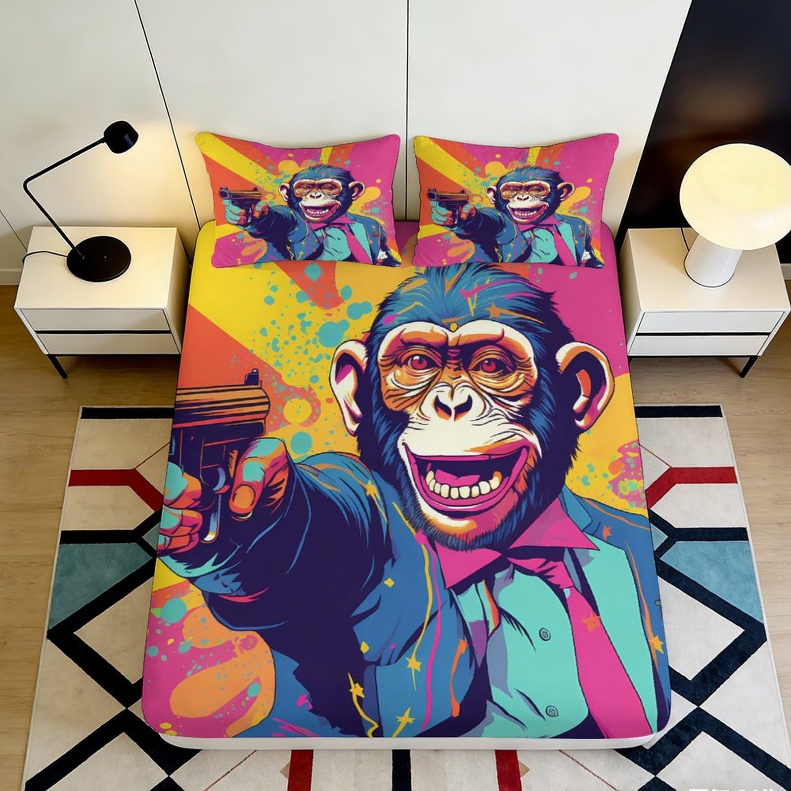 3D Printed Graffiti Monkey Fitted Sheet Microfiber Deep Pocket Bedroom Bedding Graffiti Monkey Mattress Fitted Cover Non-Slip Washable for Youth 140x200x25cm