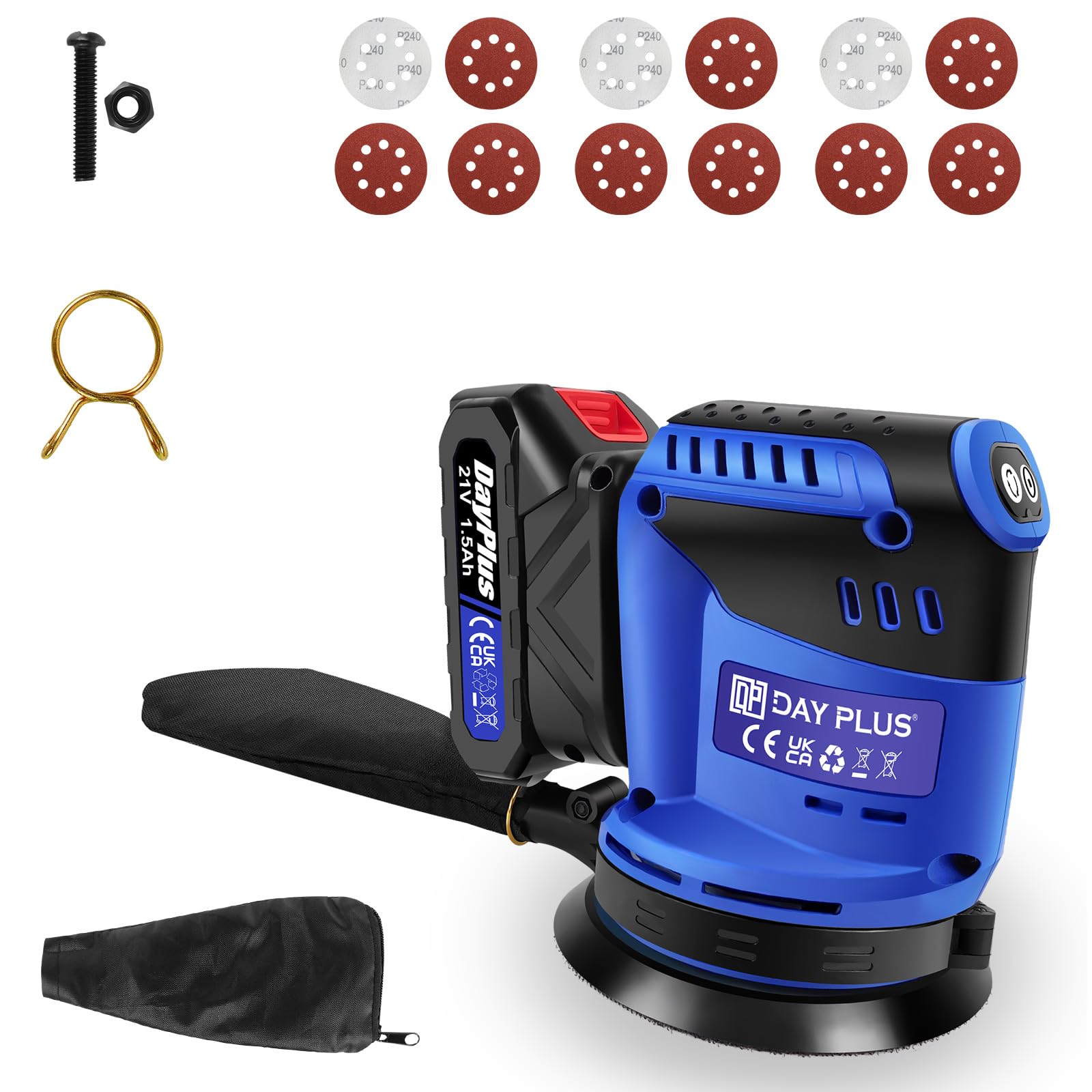 Levigatrice orbitale portatile a batteria da 21 V – velocità a 3 livelli con batteria da 1,5 A e caricatore rapido, disco da 125 mm, 12 pezzi di carta vetrata, sacchetto per la polvere, blu