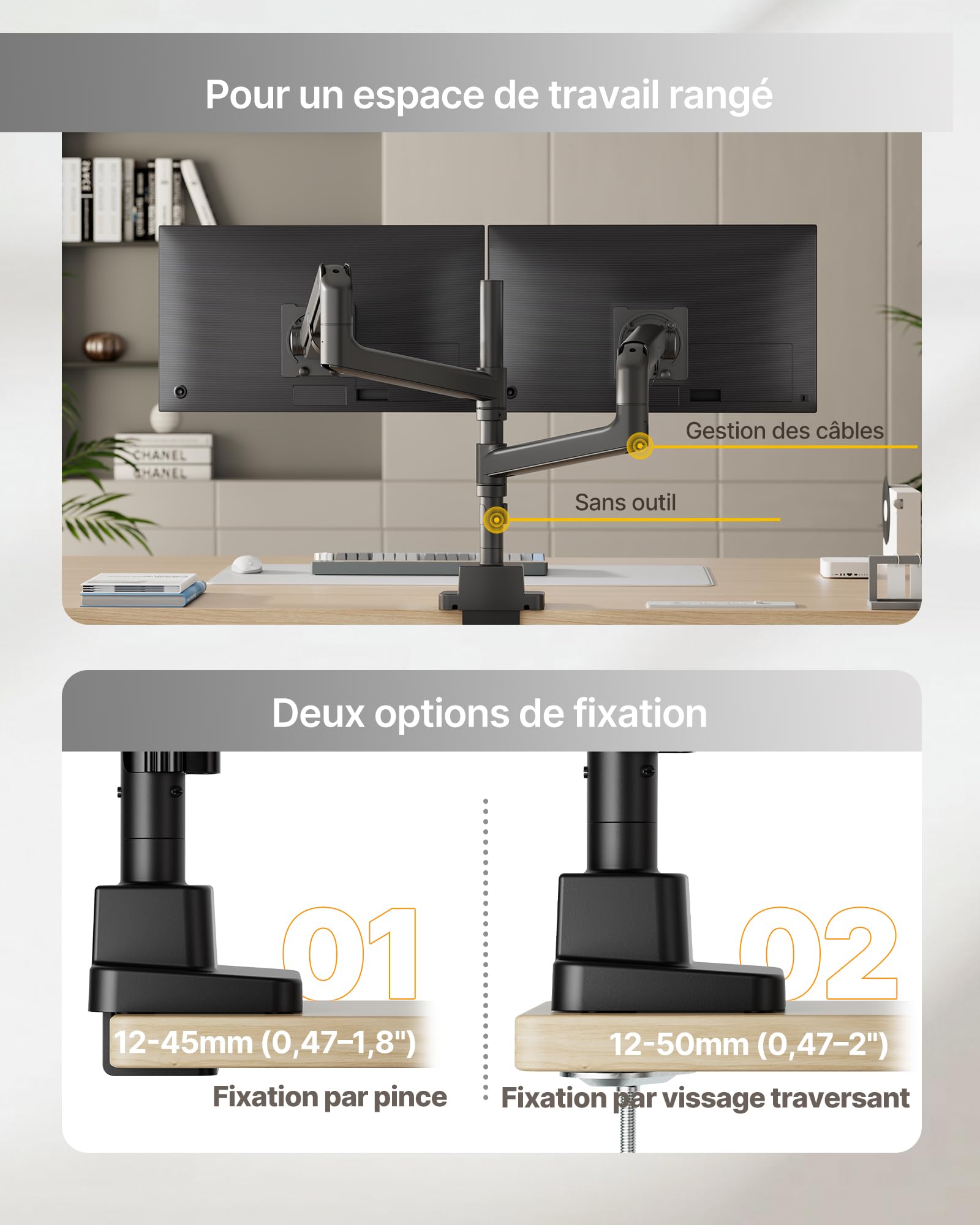 monTEK Bras Double Ecran PC17 à 57",VESA75/100,Charge Max 27Kg par Ecran