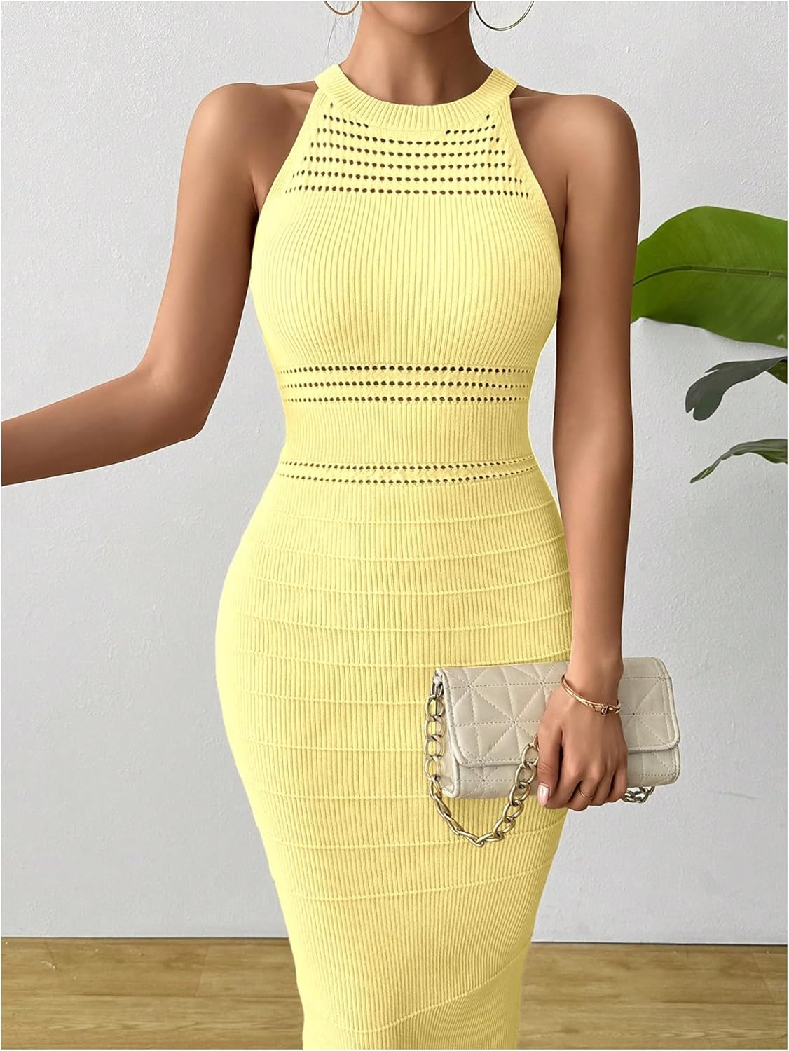 GORGLITTER Women's Crochet Halter Dress Prom Wedding Guest Dress Sleeveless Knit Bodycon Midi Summer Going Out Sundress - Image 4