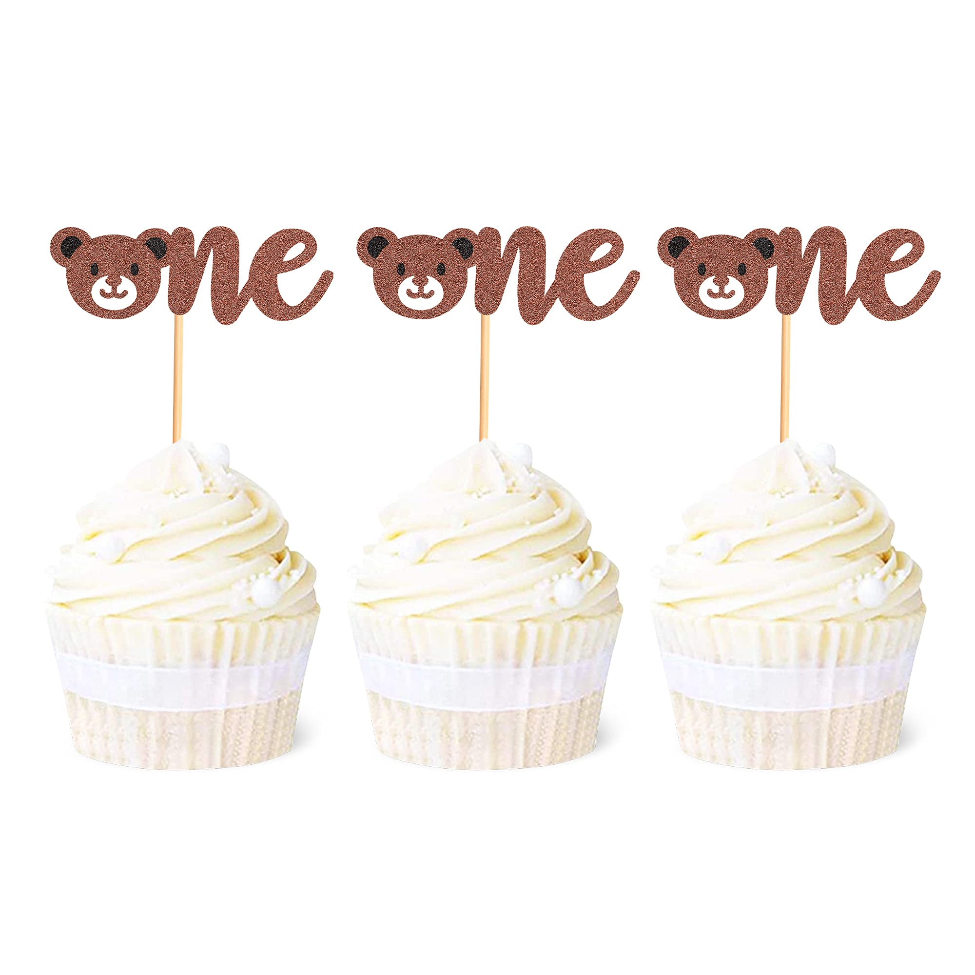 Ercadio 24 Pack One Cupcake Toppers Glitter Baby Bear 1st Birthday Cupcake Picks Baby Shower First Birthday Party Cake Decorations Supplies