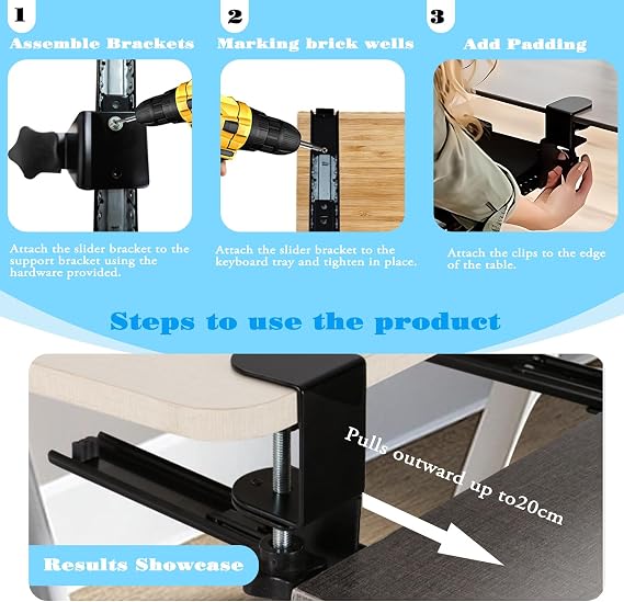 Sliding Keyboard Tray Under Desk Slide, 45°Swivel Keyboard Tray Keyboard Holder for Desk Pull Out Keyboard Drawer Under Desk Keyboard Tray Slide Out Clamp on Desk Shelf
