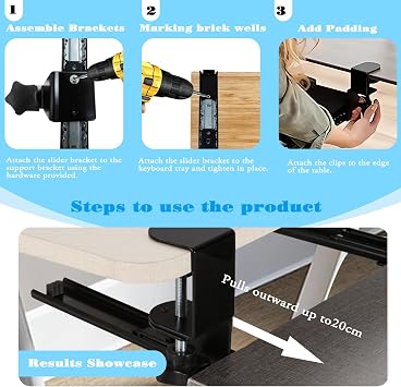 Sliding Keyboard Tray Under Desk Slide, 45°Swivel Keyboard Tray Keyboard Holder for Desk Pull Out Keyboard Drawer Under Desk Keyboard Tray Slide Out Clamp on Desk Shelf