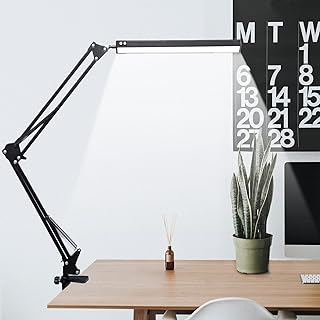 LED Desk Lamp, Adjustable Swing Arm Lamp with Clamp, Eye-Caring Reading Light, 10 Brightness Levels, 3 Lighting Modes, Memory Function Lamps for Home Office Adapter (Black)