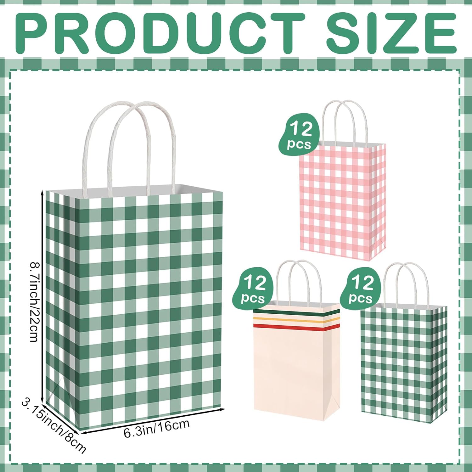 Kolldenn 36 Pcs Gingham Camp Paper Bag Gingham Party Supplies Pink Green Plaid Checkered Goodie Bags with Handle for Camp Bachelorette Baby Shower Wedding Birthday Party Favor Supplies - Image 2
