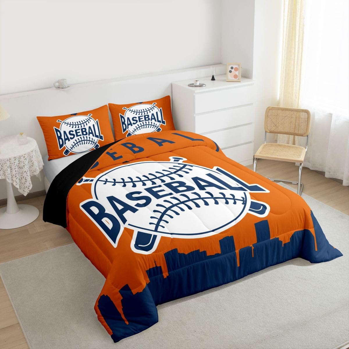 Erosebridal Teens Baseball City Bedding Set Twin Size, Baseball Comforter Set American City Silhouette Quilt Sports Games Bedding Comforter Sets with 1 Pillow Case, Orange Navy Blue