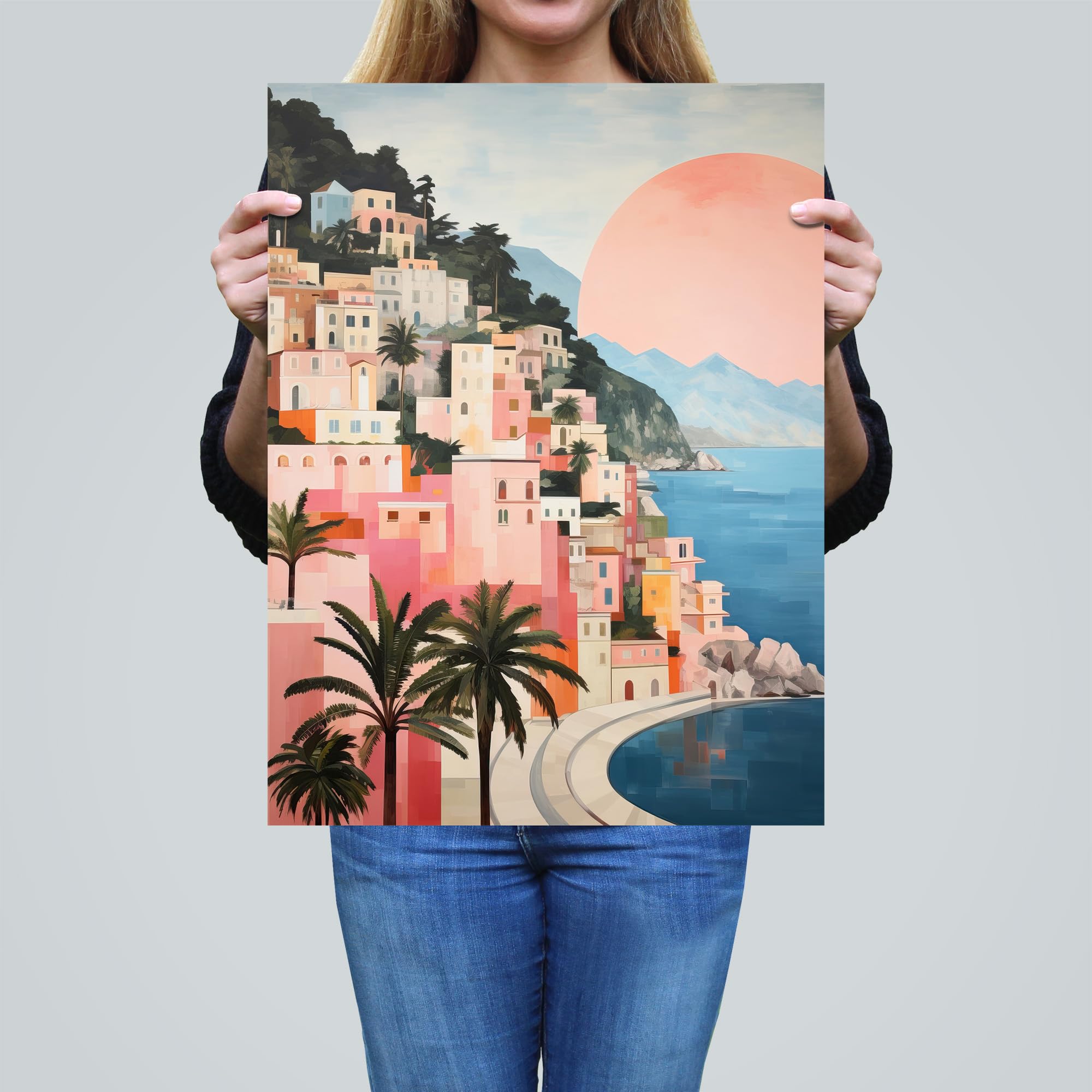 Wee Blue Coo Amalfi Sunrise Mediterranean Urban Landscape Oil Painting Pink Blue Green Coastal Cityscape Large Wall Art Poster Print Thick Paper 18X24 Inch - Image 4