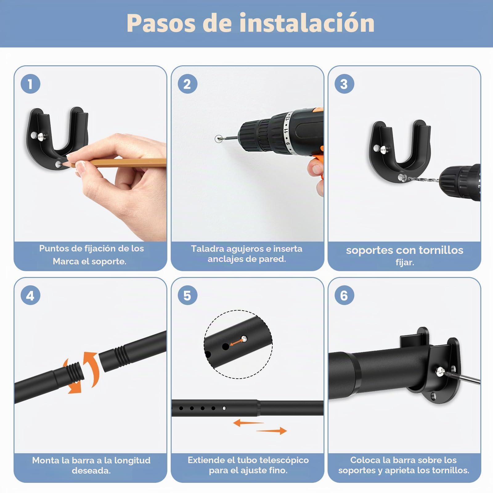 Barra de armario extensible negra, 74-130 cm, colgador resistente con extremos, diámetro 33 mm, adecuada para armarios, balcones, baños.