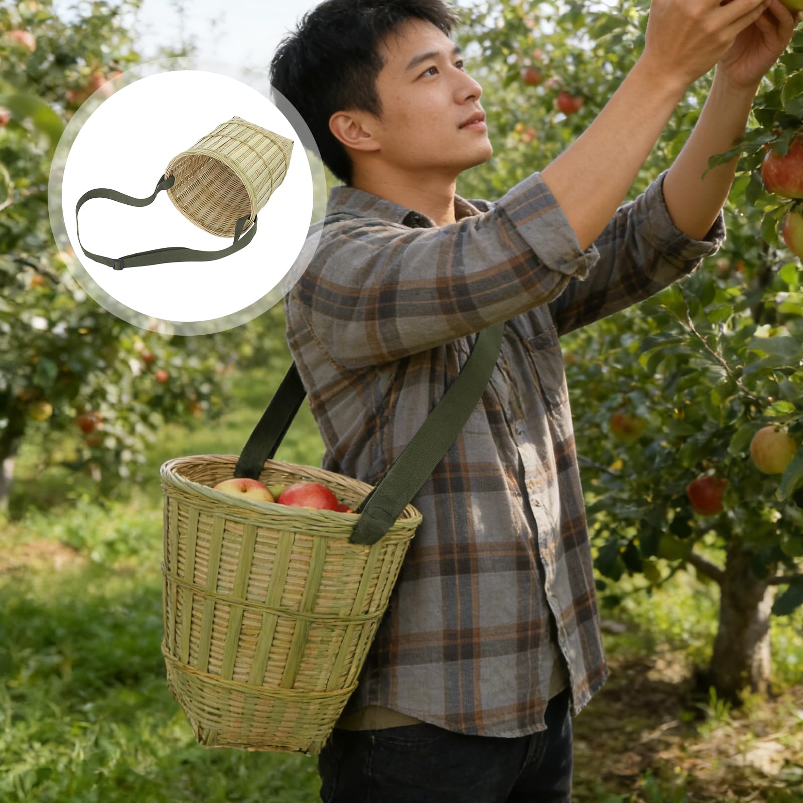 Operitacx Cesto in Bambù Intrecciato a Mano 30x26x26 Cm con Tracolla per Raccolta Frutta e Verdura, per Picnic All'aperto e Organizzazione Naturale
