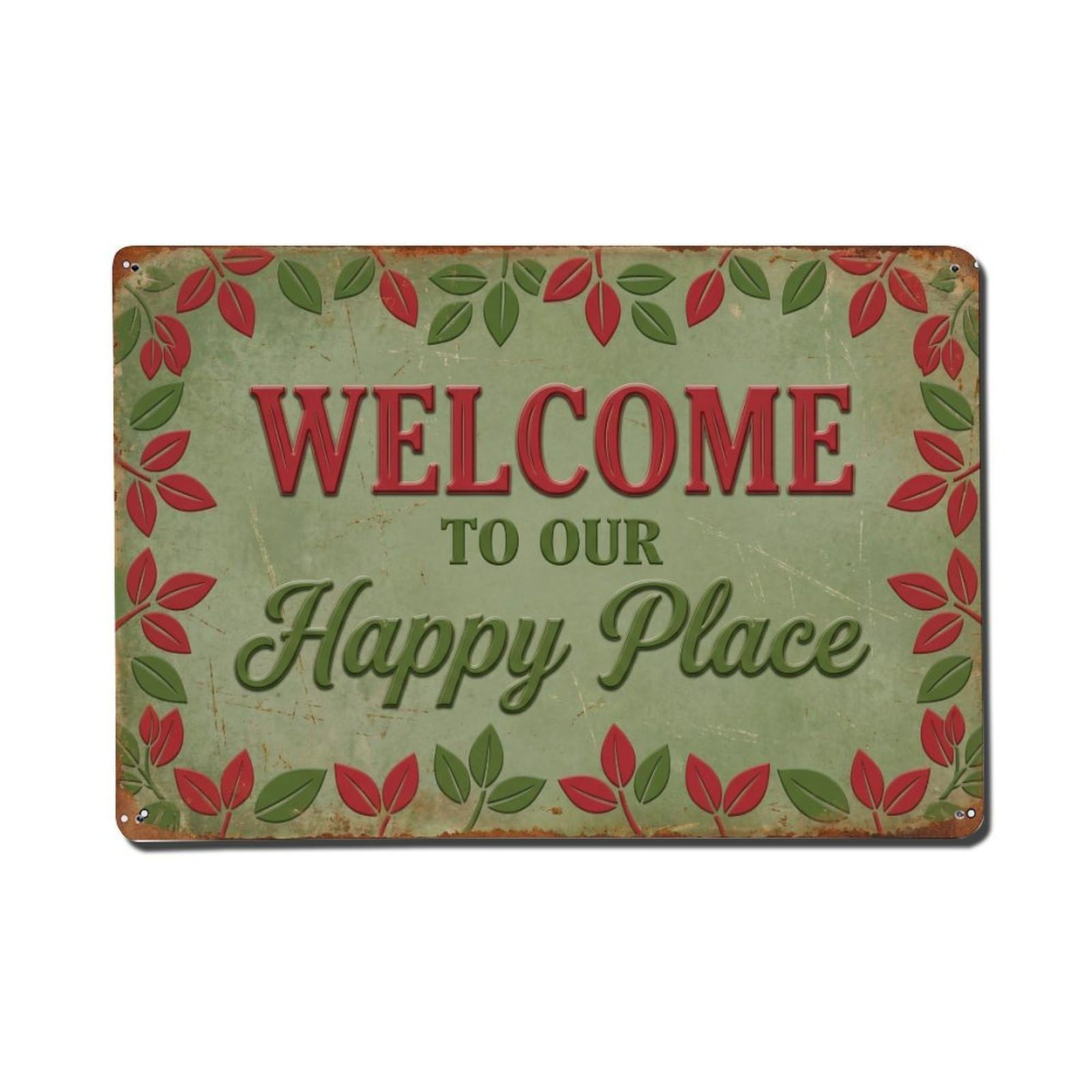 Welcome To Our Happy Place Checkerberry Field 1 Metal Tin Sign Plaque Wall Decor for Cafe, Club Bar, Office, Home Garden Metal Poster 8x12Inch