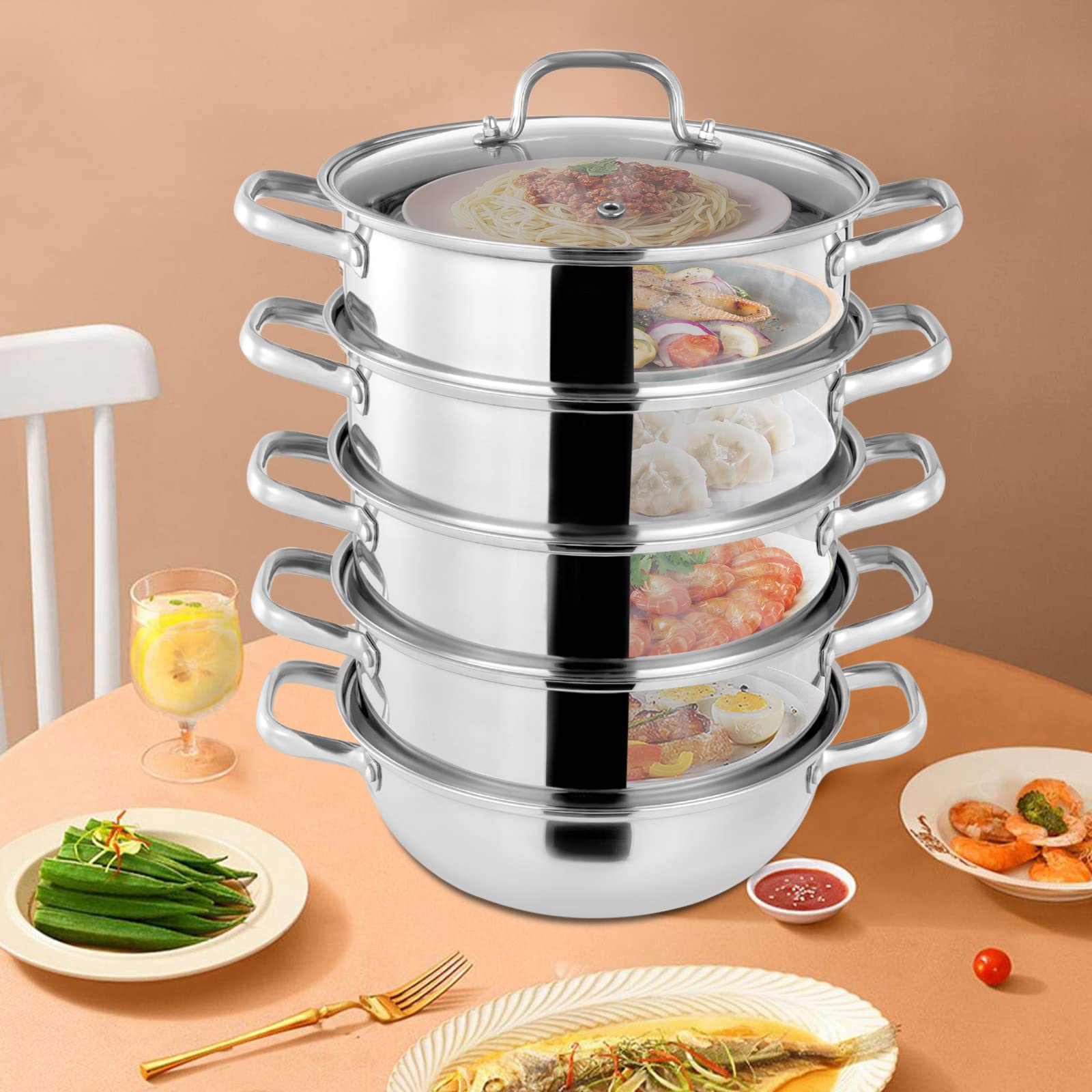 Produktbild von 26/28/30cm 5 Etagen Dampfkoch Topf,Edelstahl Dampfgarer Topf Mit Glasabdeckung Gold Silber Dampfkocher Geeignet, Edelstahl Glasdeckel Dampfgarer Geeignet Für Alle Herdarten (Gold, Silber, 26