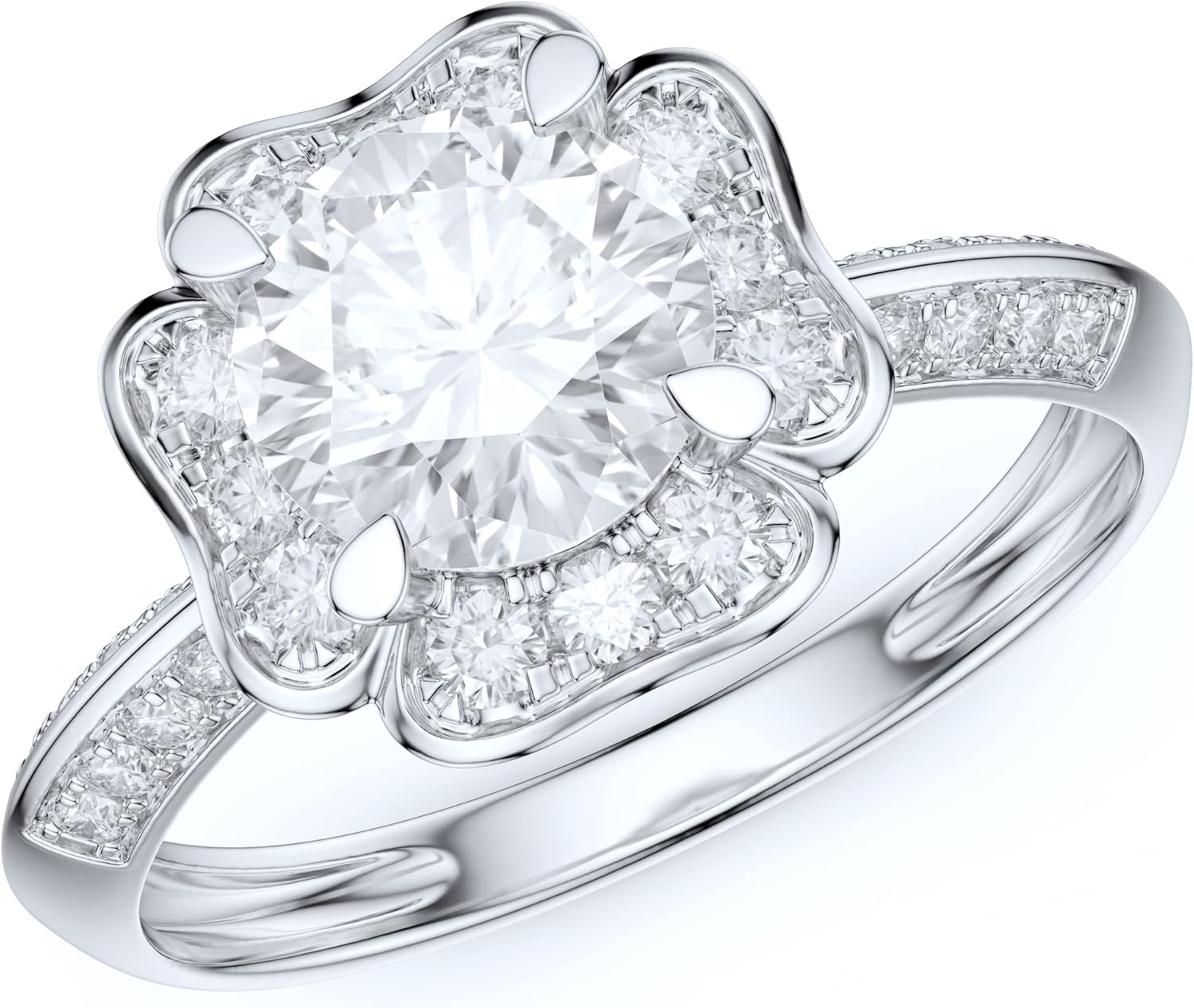 Real 14k White Gold Romantic Flower Like Clovers Halo 4-Prong Set 1.0 CT Simulated Diamond or Moissanite Engagement Ring