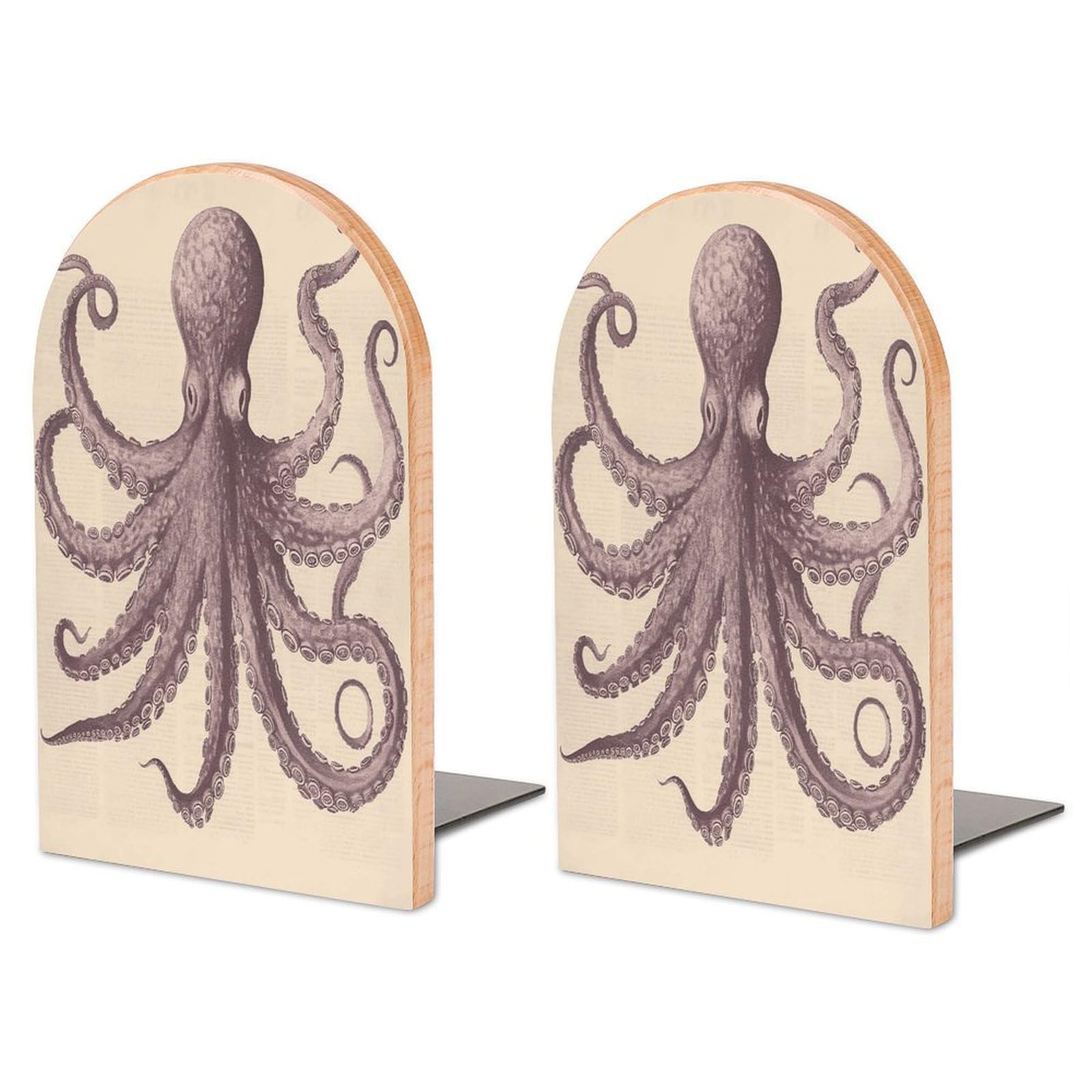 Large Vintage Octopus Book End with Metal Base Fashion Heavy Duty Bookend Exquisite Wooden Bookends Non-Skid Book Stopper for Shelves Books Organizer for Office Home 1 Pair