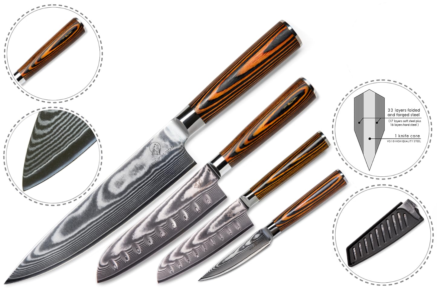Wolfblood 4er Damastmesser Set (32, 30, 24 und 20 cm) TÜV geprüfter 62 HRC Damaststahl aus 67 Lagen I Damast Küchenmesser Set mit Chefmesser Santokumesser Klingenschutz & Geschenkbox