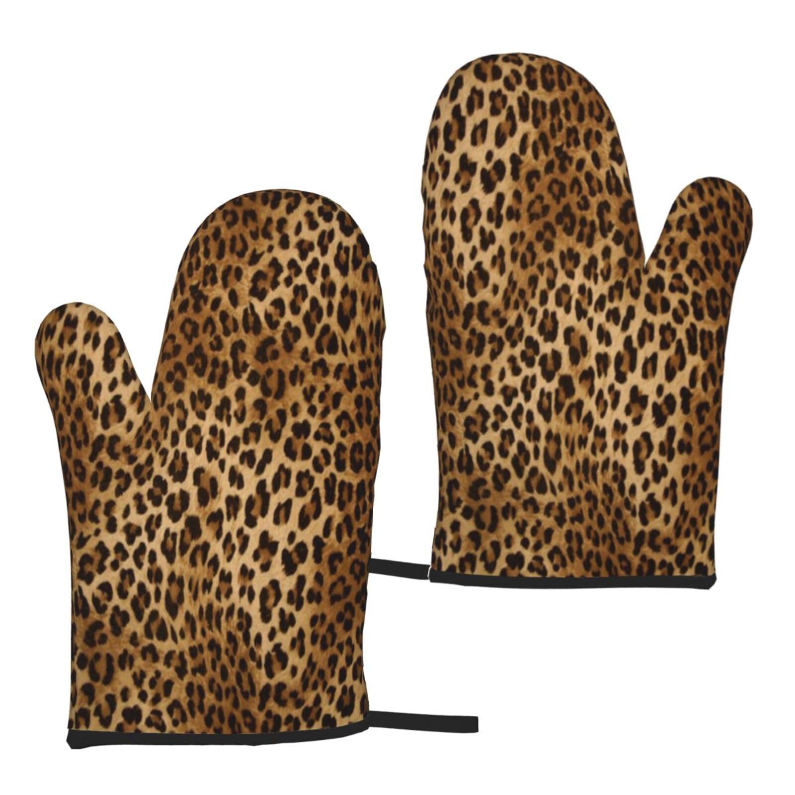 2 pcs Oven Mitts Cute Leopard Print Kitchen Gloves for Kitchen Microwave Oven Outdoor BBQ