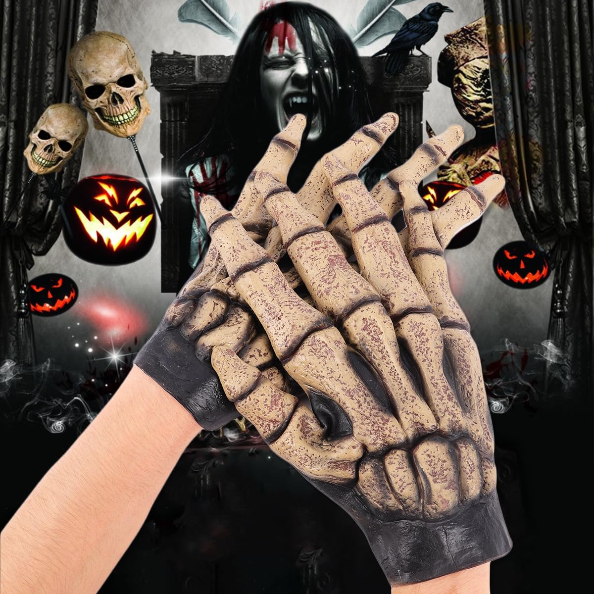 Gants Squelette Halloween – Design Réaliste De Crâne – Pour Cosplay, Carnaval, Mottopati – Adultes Et Enfants – Matériau Sûr