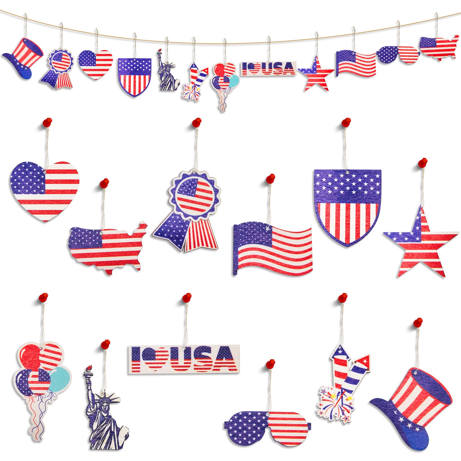 4th of July Ornaments for Tree, Vanthylit 24pcs Wooden Independence Day Decorations, Hanging Memorial Day Ornaments for Home Table Tiered Tray Party Favor