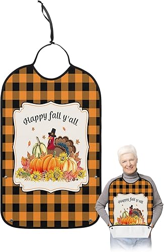 Adult Bibs Happy Fall Y'all Reusable Waterproof Adult Bibs with Crumb Catcher Turkey Pumpkin Orange Plaid Dining Clothing Protectors for Elderly