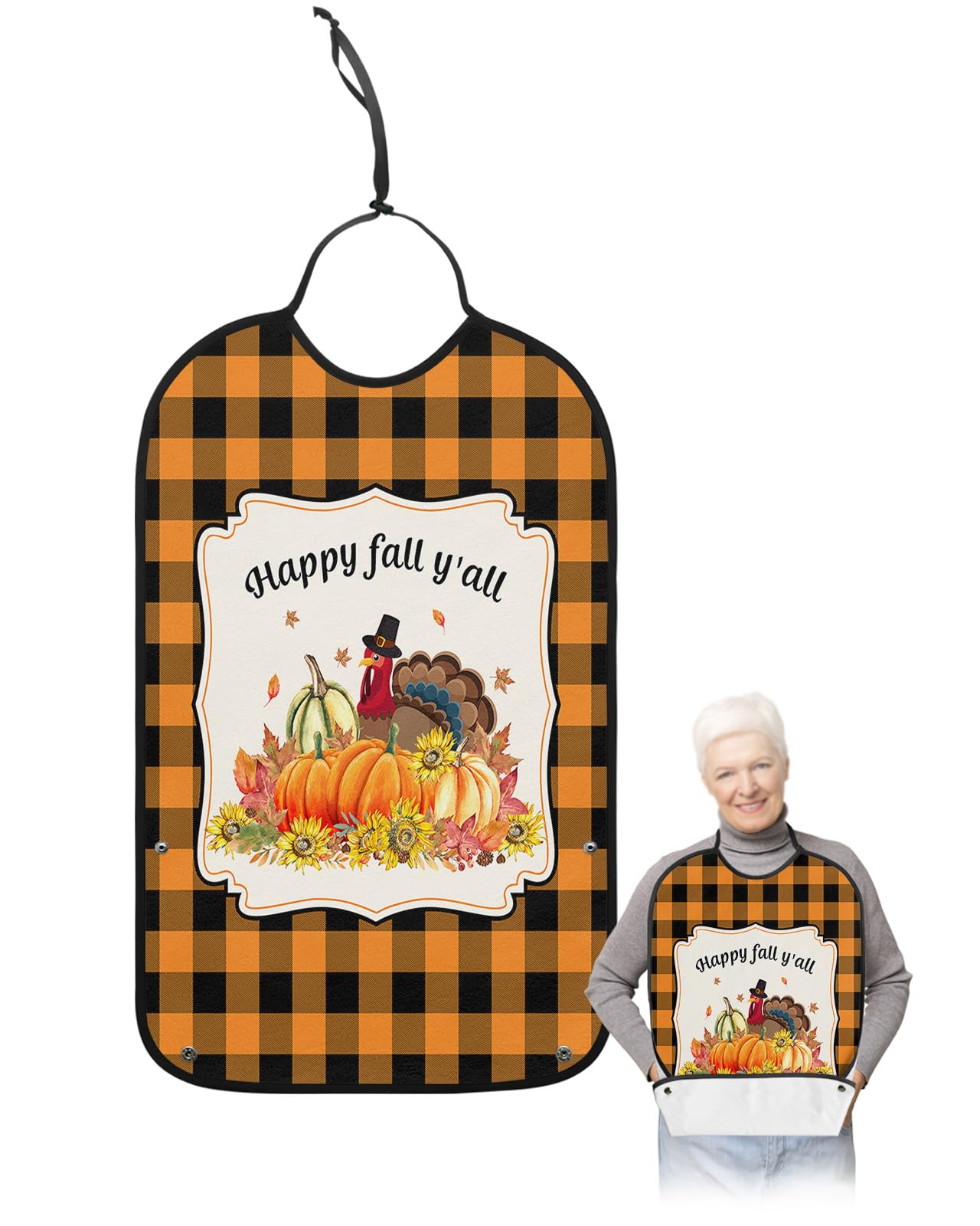 Thanksgiving Pumpkin Adult Bibs for Eating, Waterproof Bibs with Food Catcher & Adjustable Snap Closure, Orange Black Plaid Turkey Washable Clothing Protectors Adult Bibs for Elderly Women/Men