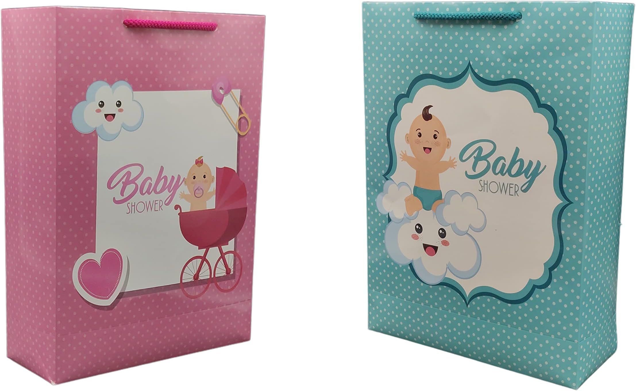 TASCHE Pink and Turquoise Baby Shower Design Assorted Paper Bags with Baby Theme | Gift Bags for Gifting, Return gifts presents (11 * 8 * 3 Inches) (Pack of 10)